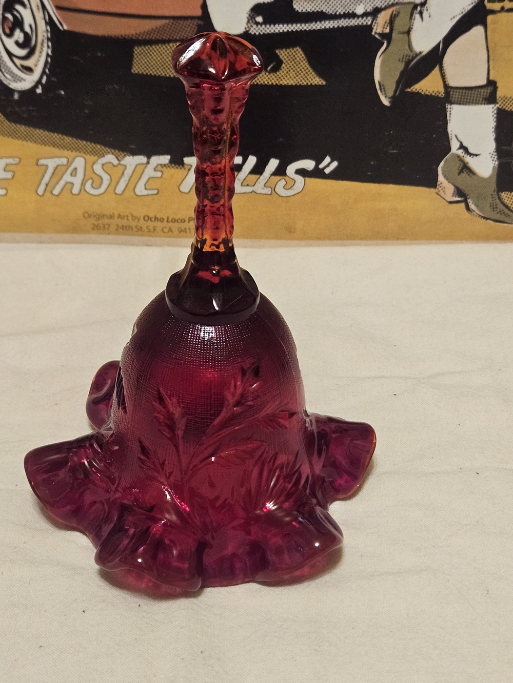 Fenton Ambernia Ruffled Bell 6.5" Glass Ruby Red with Handle